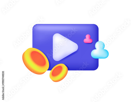 3D style illustration of a video symbol with coins and audience. The concept of earning money from videos. Watching videos earns money. Monetization and revenue. Icon, symbol, element, 3D vector
