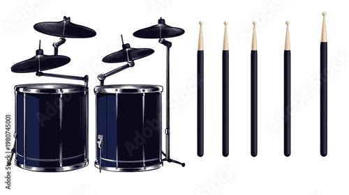 Illustration of a dark blue drum kit and drumsticks on a white background