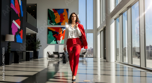 Interior shot of a businesswoman in red suit. Large windows and modern art. Represents professional success, ambition, and corporate environment