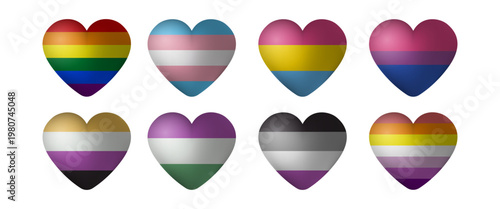 LGBTQ 3D Heart Illustration Set Glossy Pride Love Icons Collection Rainbow and Identity Flags Realistic Gradient Style Isolated Design