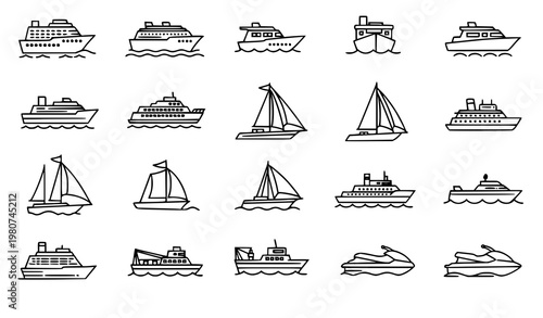 Boat ship line icon set marine transport vector collection