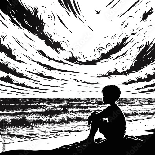Sad boy silhouette sitting on rocks by the sea, lonely child profile against ocean waves, emotional depression and solitude concept vector illustration