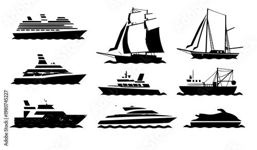 Boat ship flat icon set water transport vector collection