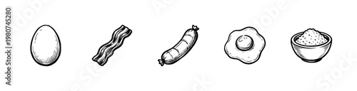 Breakfast Ingredients and Morning Food Elements with Hand-Drawn Inky Brushwork and Organic Painterly Textures