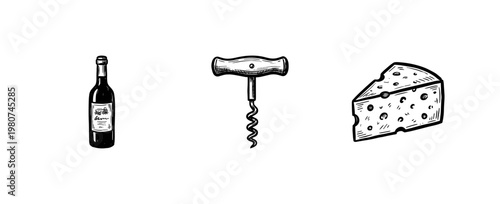 Wine Tasting and Vineyard Elements with Inky Brush Strokes and Fluid Hand-Drawn Ink Aesthetic