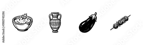 Greek Cuisine and Mediterranean Food Ingredients with Inky Hand-Drawn Brush Strokes and Painterly Organic Textures