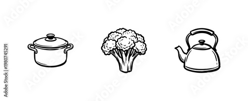 Fresh Healthy Food and Kitchen Cooking Elements with Fluid Ink Brush Strokes and Hand-Drawn Painterly Style