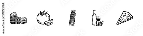 Italian Travel Landmarks and Traditional Food Elements with Inky Hand-Drawn Brush Strokes and Artistic Ink Wash Texture