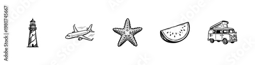 Summer Vacation and Beach Holiday Elements with Hand-Drawn Inky Brushwork and Organic Painterly Fluidity.