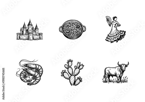 Spanish Culture and Mediterranean Gastronomy Elements with Hand-Drawn Ink Brush Strokes and Vintage Painterly Aesthetic