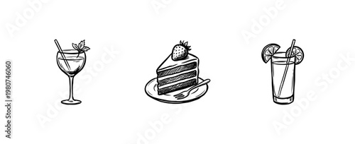 Restaurant Food and Fine Dining Gourmet Menu Elements with Hand-Drawn Painterly Style and Fluid Ink Brush Strokes