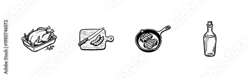 Rustic Kitchenware and Cooking Ingredients Food Elements with Hand-Drawn Inky Brushwork and Organic Sketch Aesthetic