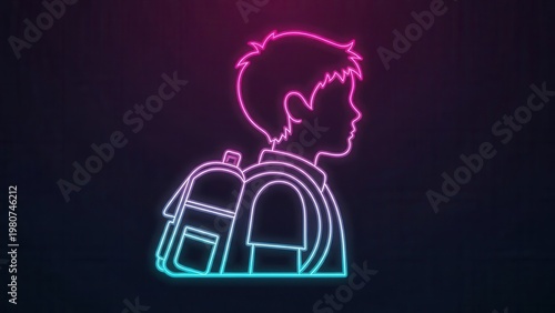 Vibrant neon outline of a student with backpack representing modern education and youthful digital