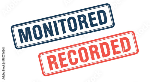 Close-up of monitored and recorded stamps in bold red and blue ink on white background for security and surveillance