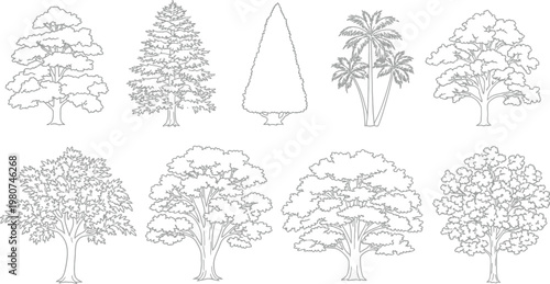 Diverse styles of pixelated tree illustrations in monochrome Vector