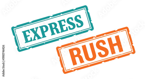 Two rubber stamps with the words express and rush in bold orange and teal ink on white background