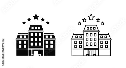 Two monochrome depictions of hotel buildings with star ratings above them