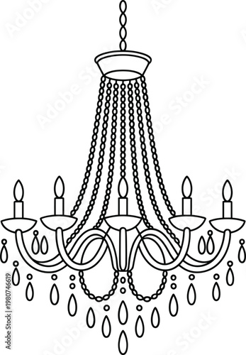 Black and white line of a crystal chandelier with hanging beads and candles