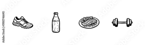 Healthy Lifestyle and Fitness Wellness Elements with Hand-Drawn Inky Brush Strokes and Organic Freehand Ink Style