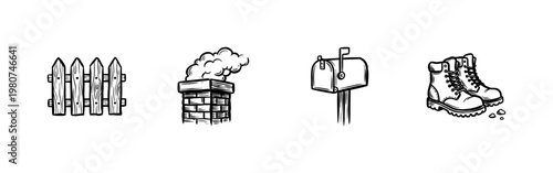 Household Objects and Home Improvement Elements with Hand-Drawn Inky Brush Strokes and Organic Fluid Lines