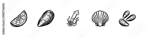 Fresh Seafood Elements and Mediterranean Ingredients with Hand-Drawn Painterly Textures and Fluid Ink Brush Strokes