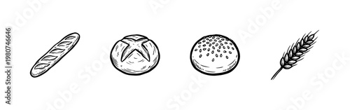 Bakery Products and Wheat Grains with Hand-Drawn Inky Brushwork and Organic Painterly Fluidity