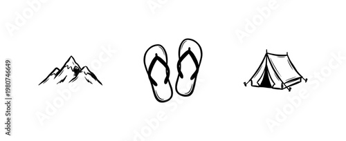 Healthy Food Lifestyle and Outdoor Travel Elements with Hand-Drawn Inky Outlines and Fluid Brushwork Style