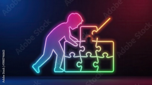Vibrant Neon Outline of a Person Strategically Solving a Complex Jigsaw Puzzle Illustration