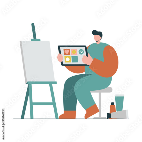 Artist painting on easel with tablet and colors.
