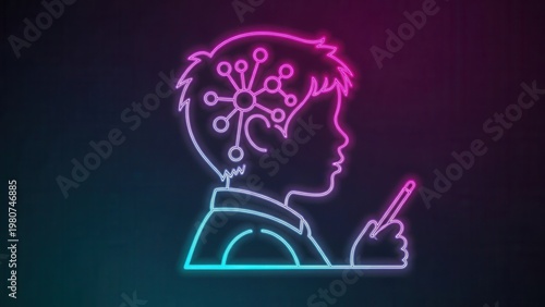 Abstract neon depiction of a youthful mind engaged in digital learning and innovative thought