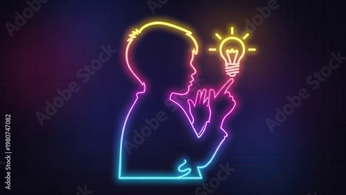 Child's innovative spark illustrated in dynamic neon glow fostering bright ideas and intellectual