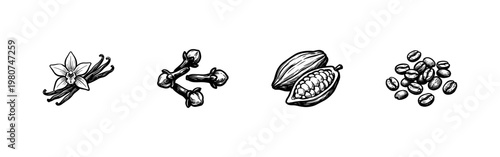 Aromatic Dessert Spices and Baking Ingredients with Detailed Inky Brushwork and Hand-Drawn Painterly Aesthetic