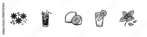 Classic Cocktails and Aromatic Garnish Ingredients with Hand-Drawn Painterly Style and Inky Brushwork Detail