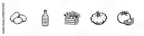 Fresh Harvest Vegetables and Kitchen Ingredients with Hand-Drawn Painterly Style and Fluid Ink Brush Strokes