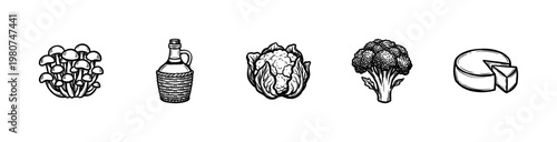 Fresh Healthy Food and Kitchen Ingredients with Vintage Hand-Drawn Ink Brush Strokes and Detailed Cross-Hatching