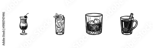 Classic Cocktails and Mixed Alcoholic Beverages with Hand-Drawn Inky Brush Strokes and Expressive Sketchy Texture.