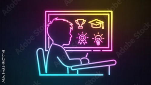 Dynamic neon glowing graphic depicting a focused student pursuing education, illuminated by