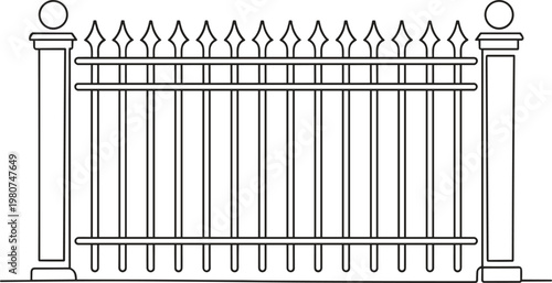 Black and white line of a metal fence with spear pickets and two square posts