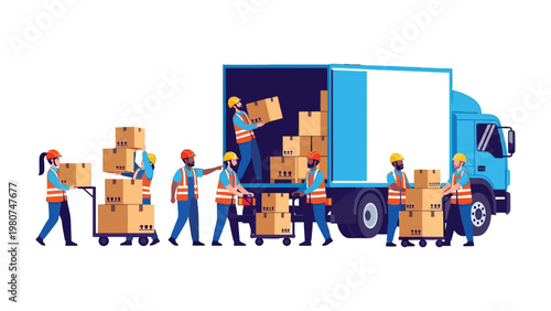 Logistics Team in Action: A dynamic illustration captures a dedicated logistics team diligently loading and unloading parcels, embodying the essence of efficiency and seamless distribution.