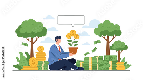 Successful businessman sitting on the ground and holding a flower pot with a plant growing golden dollar coins.