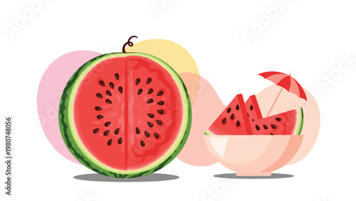 Refreshing slices of juicy red watermelon served in a white bowl with a small beach umbrella on a colorful background.