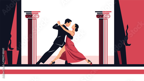 Elegant ballroom couple performing a passionate tango dance on a grand stage with classical columns and dramatic red curtains.