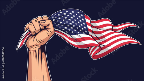 Powerful human hand firmly clutching a waving American flag against a dark background symbolizing patriotism and national pride.