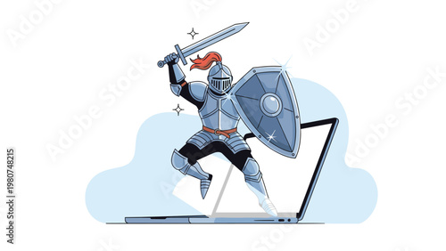 Brave knight in shining armor with a sword and shield jumping out of a laptop screen to represent digital security and protection.