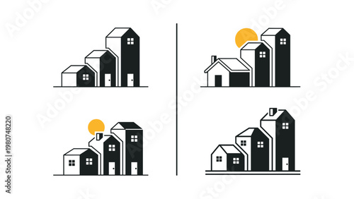 Minimalist architectural set of four different house and building icons with varying heights and sun positions for real estate design.