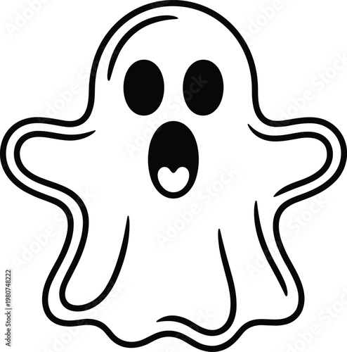 Black and white line of a scared ghost with an open mouth