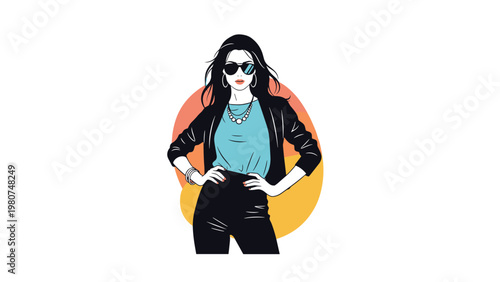 Stylish young woman wearing sunglasses and a black leather jacket standing with her hands on her hips against a colorful circle.