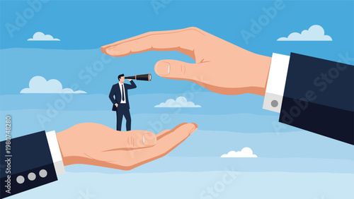 Tiny businessman looking through a telescope while standing in giant protective hands against a blue sky with soft white clouds.