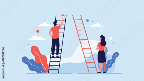 Man climbing a ladder to reach a bright red star while a woman watches representing goal setting and personal achievement.