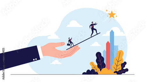 Large supportive hand holding a plank for two small businessmen to walk up toward a glowing golden star in the sky.